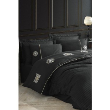 Hobby Elegant Nakışlı Pamuk Saten Çift Kişilik Nevresim Takımı Zeugma Siyah