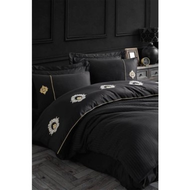 Hobby Elegant Nakışlı Pamuk Saten Çift Kişilik Nevresim Takımı Olimpos Siyah