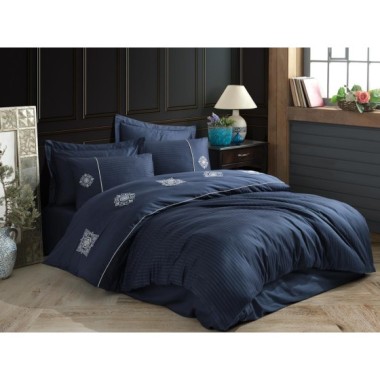 Hobby Elegant Nakışlı Pamuk Saten Çift Kişilik Nevresim Takımı Zeugma Lacivert