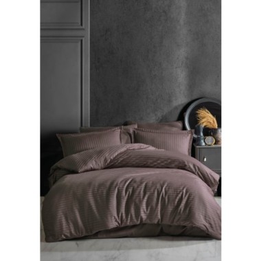 Clasy Çizgili Tek Kişilik Saten Nevresim Takımı Koyu Kahve