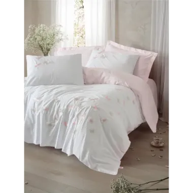 Cotton Box 3D Nakışlı Çift Kişilik Saten Nevresim Takımı Charming Pudra