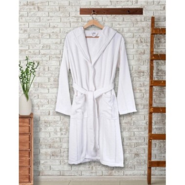 Ephemeris Pamuk Kapüşonlu Unisex Bornoz - Lara Beyaz