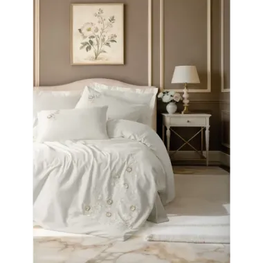 Cotton Box 3D Nakışlı Çift Kişilik Saten Nevresim Takımı Gilded Ekru