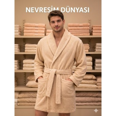 Nevresim Dünyası Pamuklu Tek Bornoz Bej  M Beden