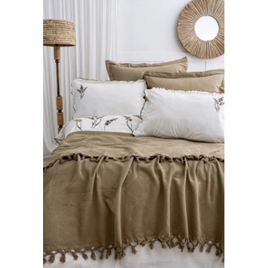 Şaheser Home Collection Eveline Haki Nevresimli Pike Takımı, %100 Pamuk, Püsküllü Nevresimli Pike Seti, Nakışlı Pike Takımı