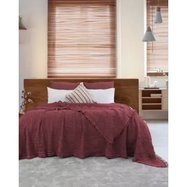 Şaheser Home Collection Müslin Yatak Örtüsü Çift Kişilik Oscar Rubby Kırmızı