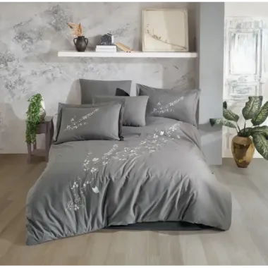 Hobby Çift Kişilik Poplin Premium Nakışlı Nevresim Vera Gri