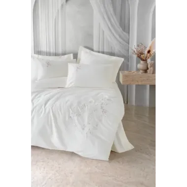 Cotton Box 3D Nakışlı Çift Kişilik Saten Nevresim Takımı Liora Ekru